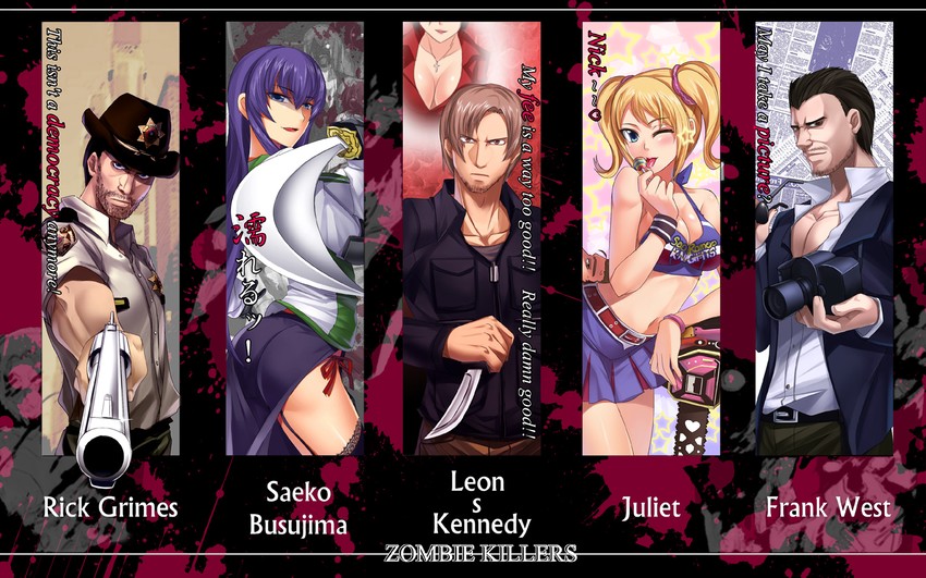 leon s. kennedy, ada wong, busujima saeko, juliet starling, frank west, and 2 more (resident evil and 4 more) drawn by darkmaya