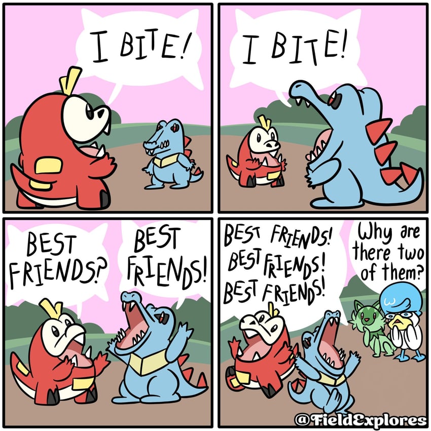 sprigatito, fuecoco, totodile, and quaxly (pokemon) drawn by fieldexplores