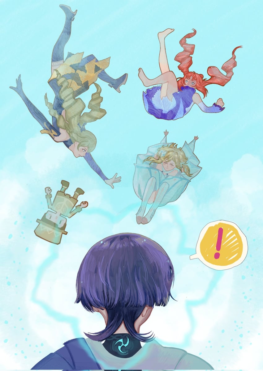 lumine, scaramouche, wanderer, navia, and nilou (genshin impact) drawn by yourlocalwalnut