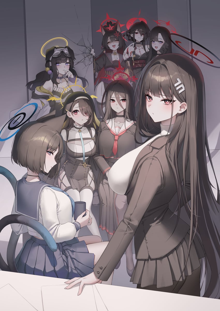 rio, hasumi, ichika, hibiki, wakamo, and 3 more (blue archive) drawn by raki_kr