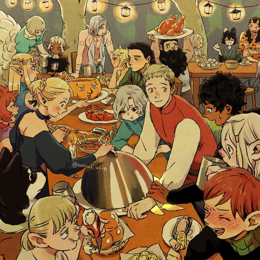 marcille donato, falin touden, laios touden, senshi, mithrun, and 14 more (dungeon meshi) drawn by nemui_usio