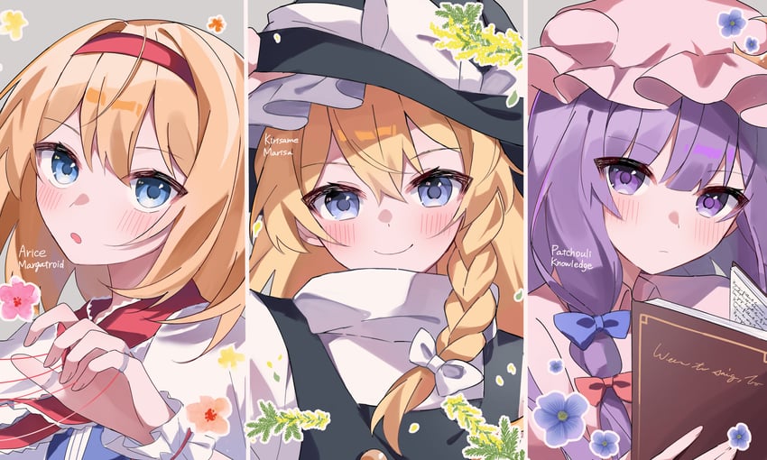 kirisame marisa, alice margatroid, and patchouli knowledge (touhou) drawn by hidukihumi