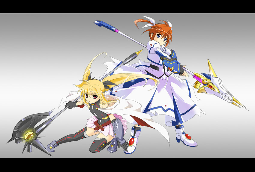 fate testarossa, takamachi nanoha, raising heart, and bardiche (lyrical nanoha and 3 more) drawn by virginia18