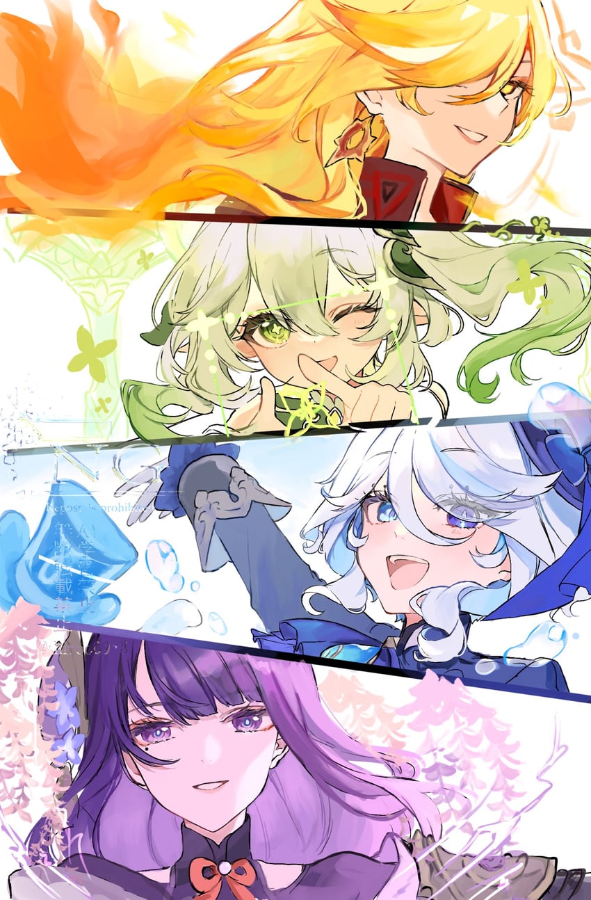 raiden shogun, furina, nahida, and mavuika (genshin impact) drawn by shinoo0915