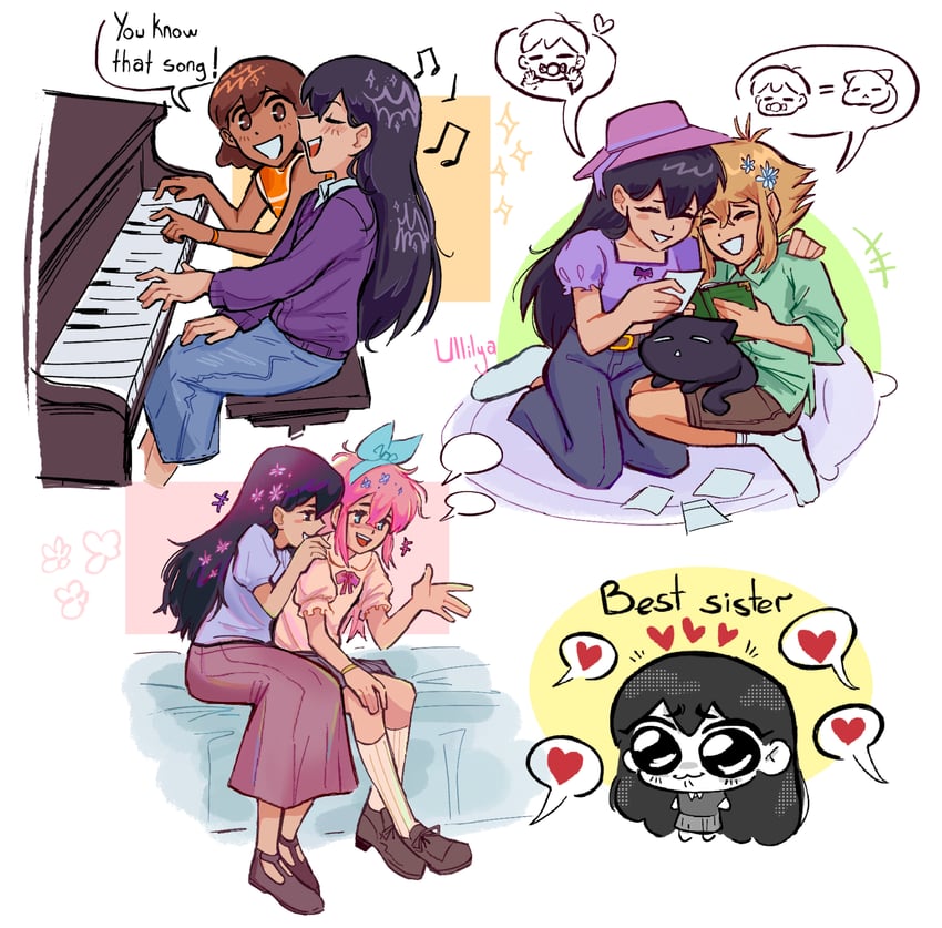 sunny, basil, aubrey, kel, mari, and 1 more (omori) drawn by ullilya1