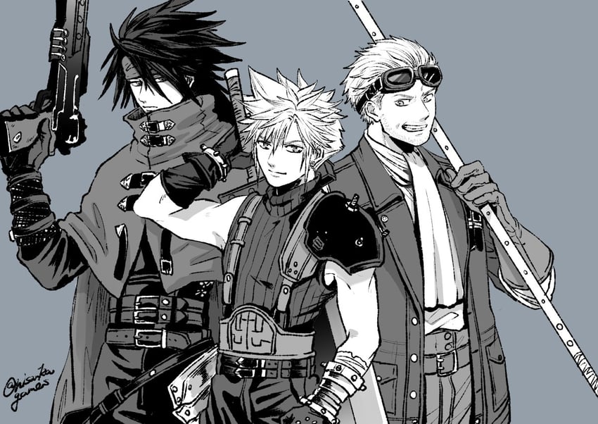 cloud strife, vincent valentine, and cid highwind (final fantasy and 3 more) drawn by nisankagames