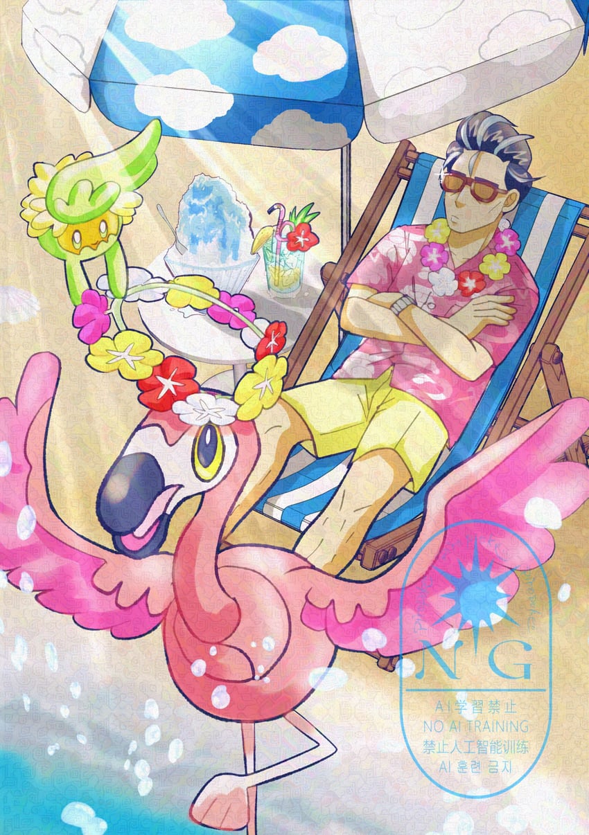 larry, comfey, and flamigo (pokemon and 1 more) drawn by oolongpiroo