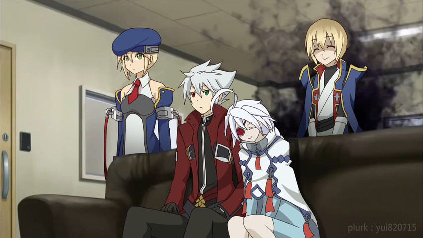 noel vermillion, ragna the bloodedge, nu-13, and jin kisaragi (blazblue) drawn by yuinya_(chicken5536)