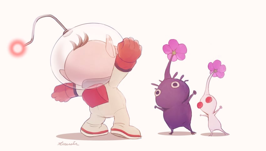 olimar, purple pikmin, and white pikmin (pikmin) drawn by toumin_(touminmin1026)