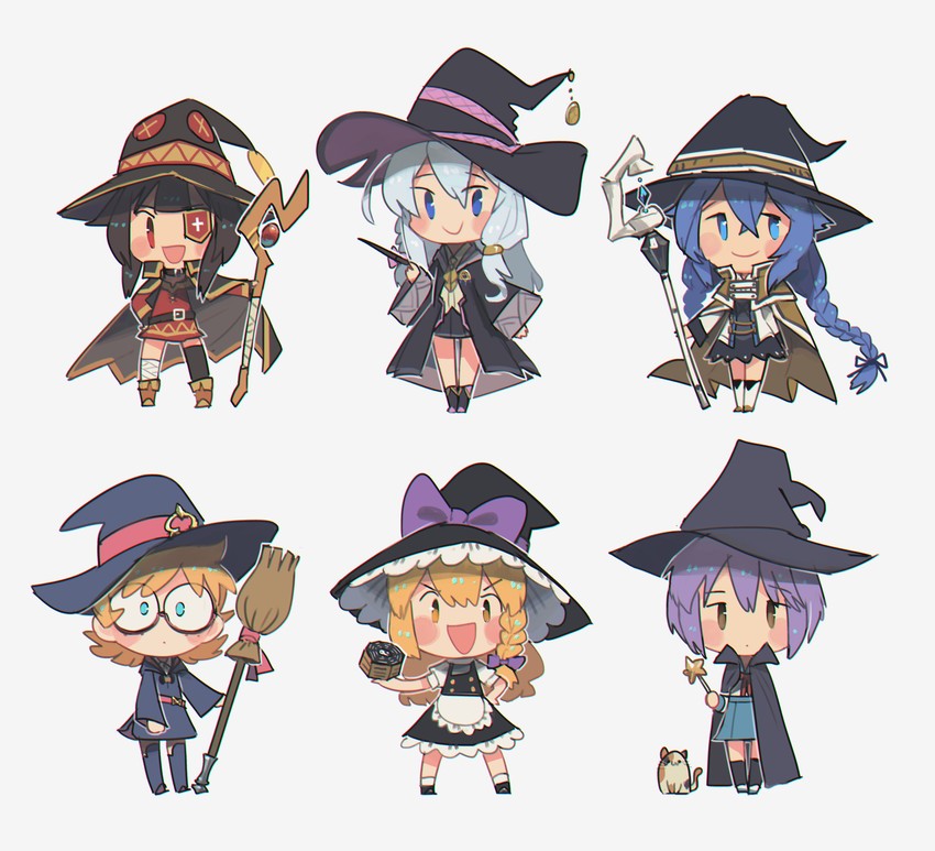 kirisame marisa, nagato yuki, megumin, roxy migurdia, elaina, and 2 more (touhou and 5 more) drawn by porforever