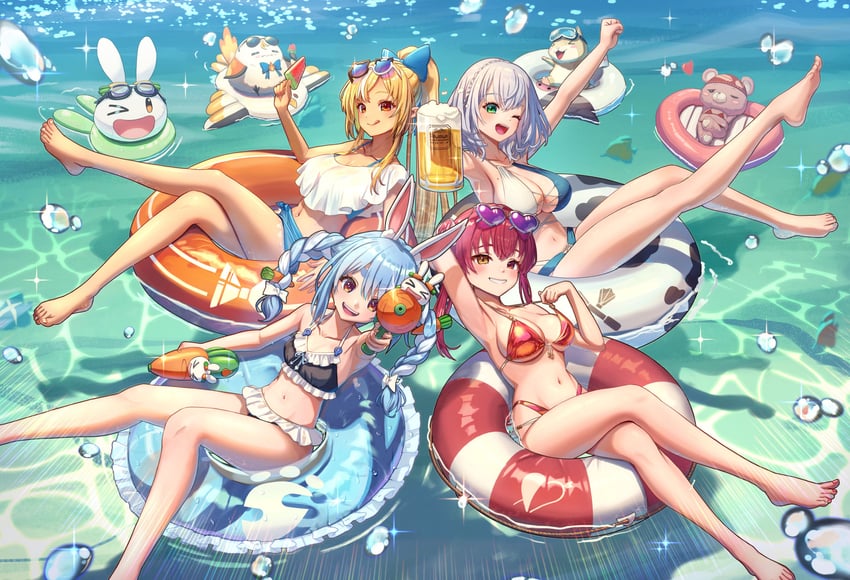 houshou marine, usada pekora, shirogane noel, shiranui flare, pekomon, and 2 more (hololive) drawn by sakumichi