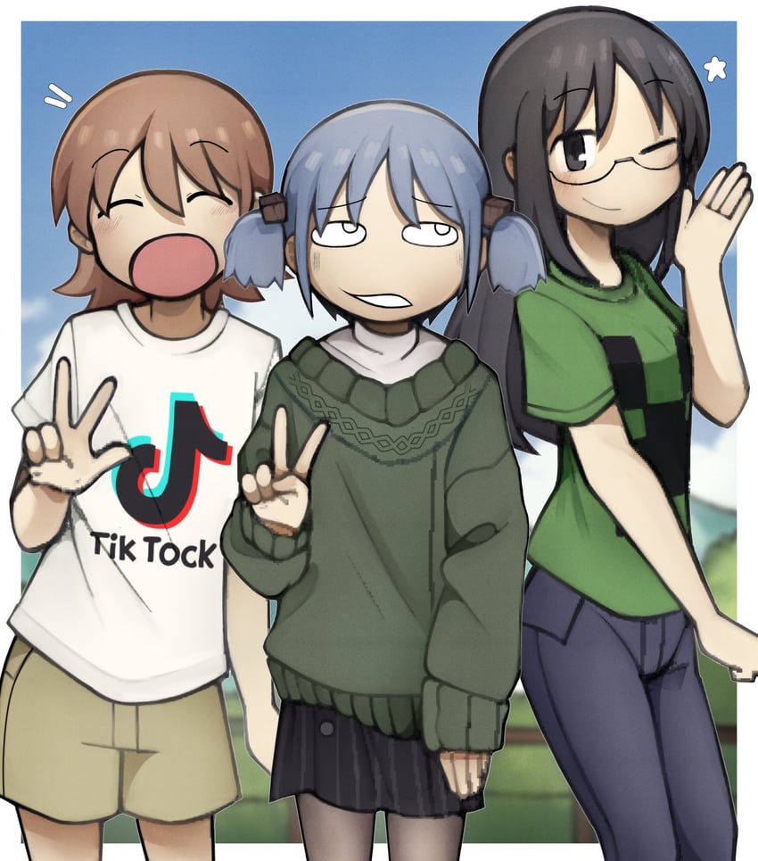 naganohara mio, aioi yuuko, and minakami mai (minecraft and 2 more) drawn by mafurara