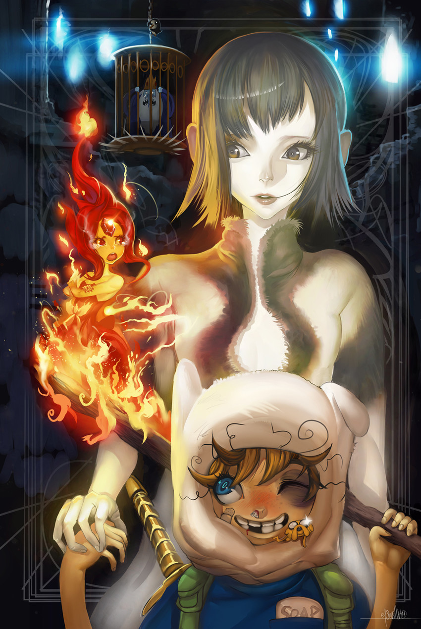 finn the human, yorda, jake the dog, flame princess, and ice king (adventure time and 1 more) drawn by elsevilla