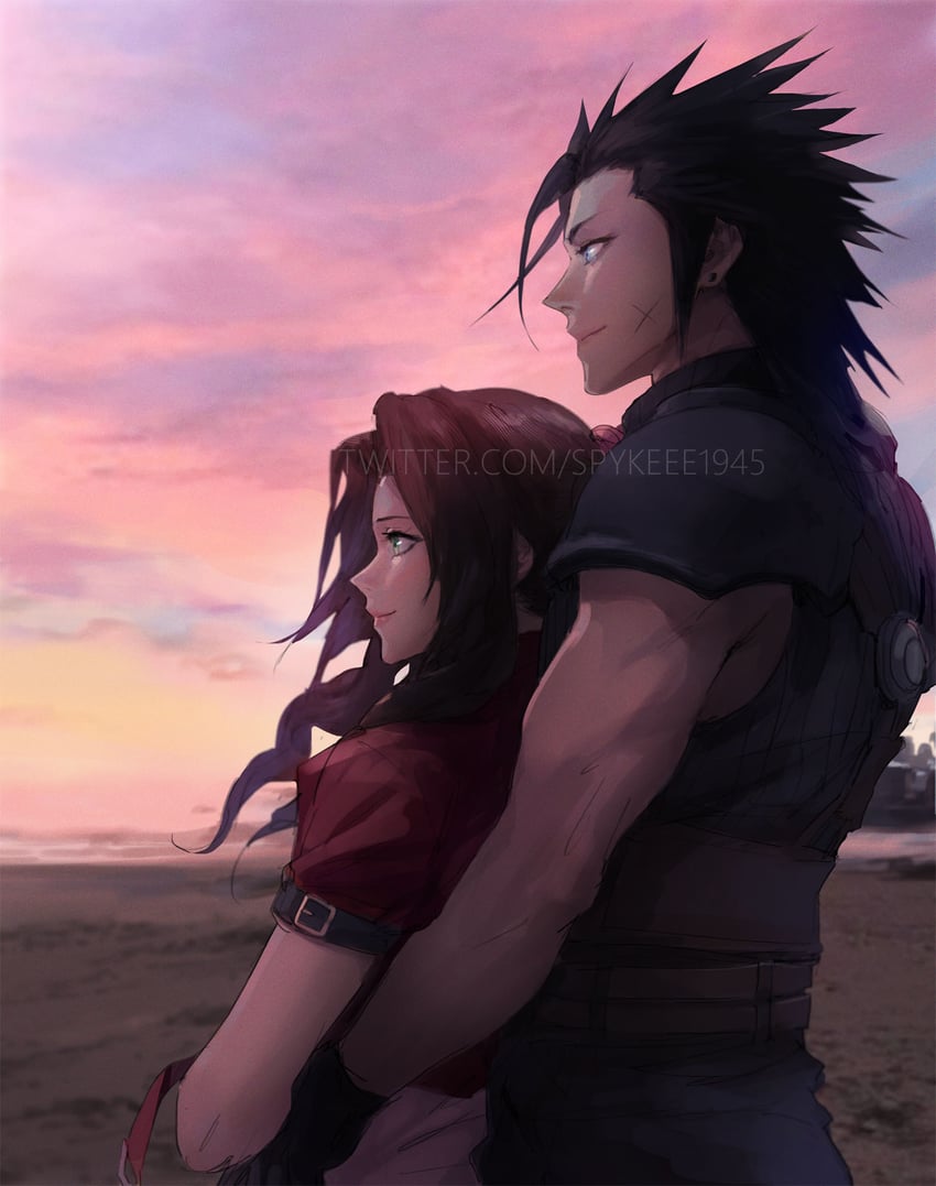 aerith gainsborough and zack fair (final fantasy and 2 more) drawn by spykeee