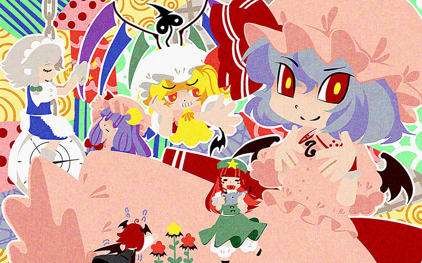 remilia scarlet, flandre scarlet, izayoi sakuya, patchouli knowledge, hong meiling, and 1 more (touhou) drawn by hijiri_(xxhizirixx)