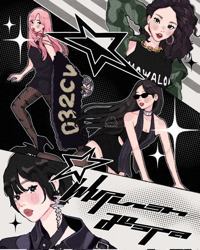 karina, winter, ningning, and giselle (real life and 1 more) drawn by cheumi