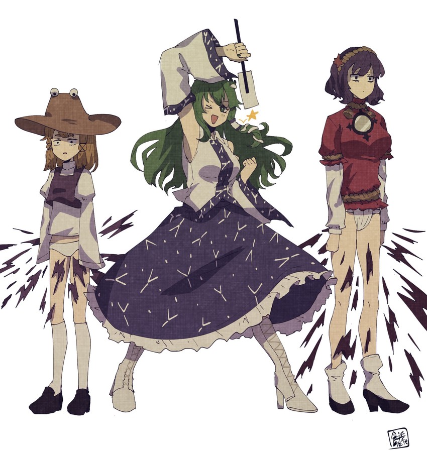 kochiya sanae, moriya suwako, and yasaka kanako (touhou and 1 more) drawn by sokura_(mochichitose)