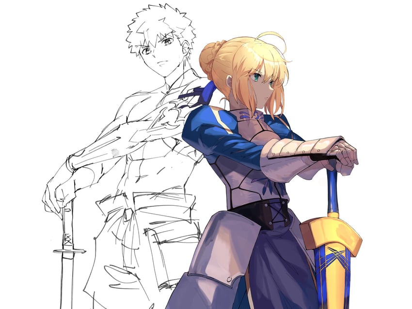 artoria pendragon, saber, emiya shirou, and senji muramasa (fate and 1 more) drawn by kamigokuin
