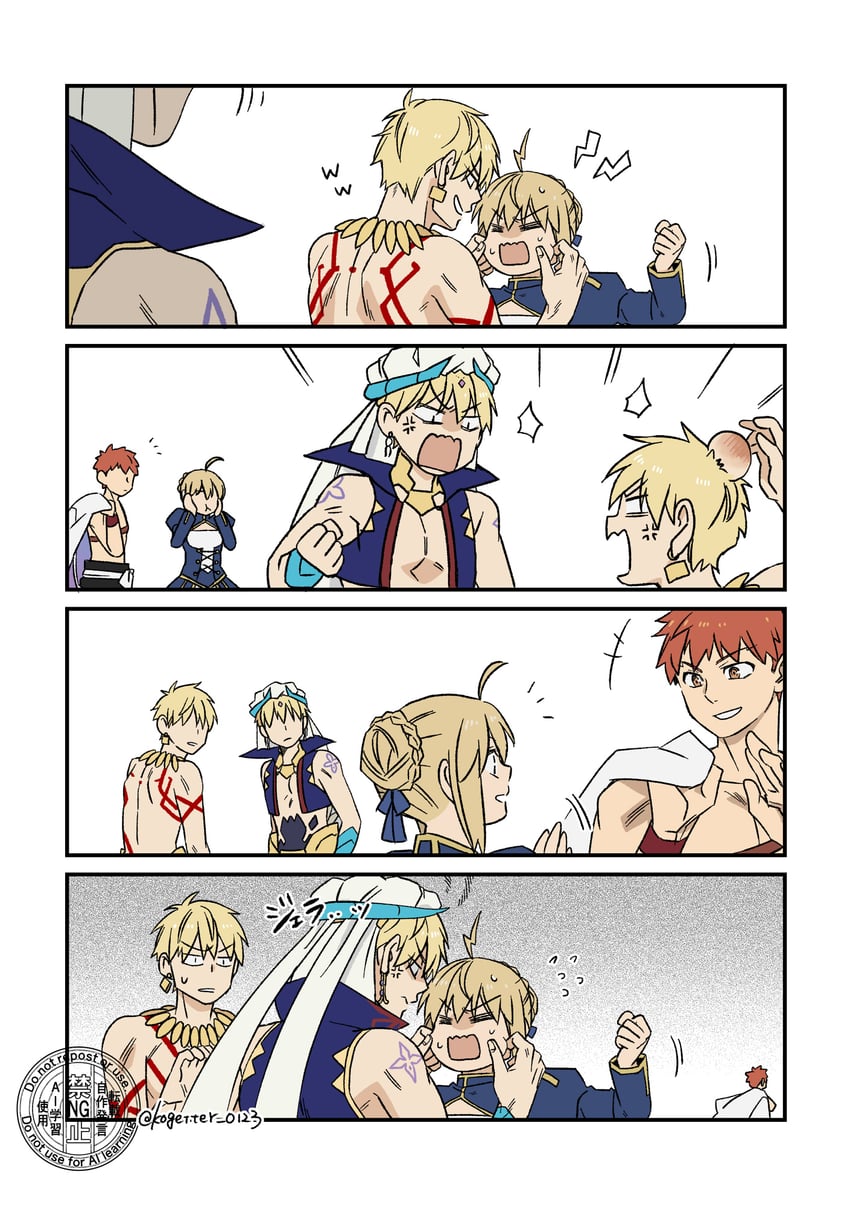artoria pendragon, saber, emiya shirou, senji muramasa, and gilgamesh (fate and 1 more) drawn by moonlight_0423