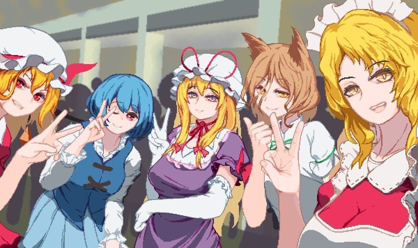 flandre scarlet, yakumo yukari, tatara kogasa, kudamaki tsukasa, and yumeko (touhou) drawn by nukekip