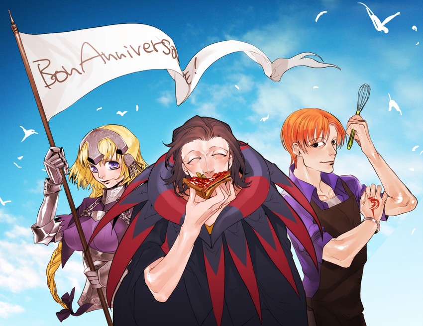 jeanne d'arc, gilles de rais, and uryuu ryuunosuke (fate and 2 more) drawn by nito_(siccarol)