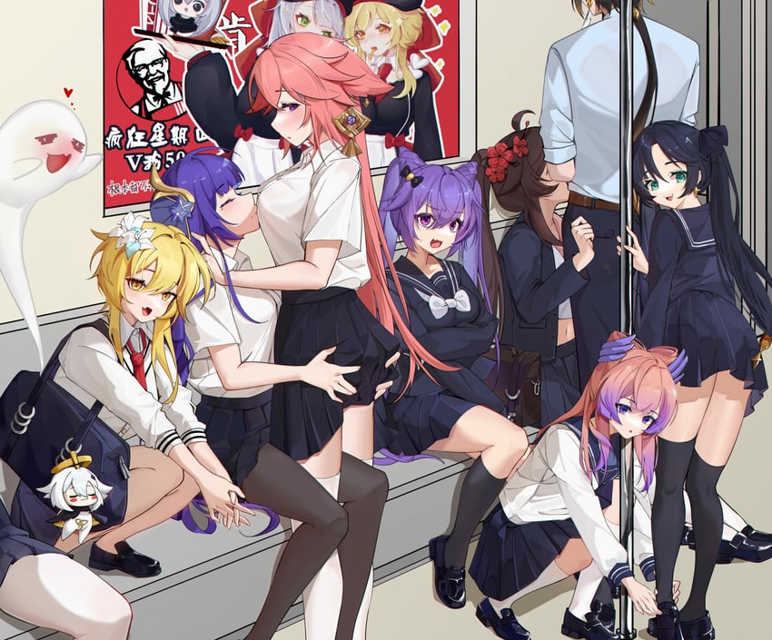 lumine, raiden shogun, hu tao, yae miko, zhongli, and 7 more (genshin impact and 1 more) drawn by suyujiu_u