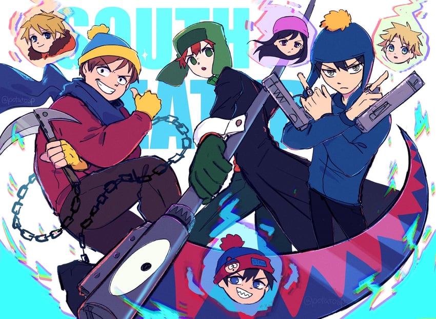 stan marsh, kenny mccormick, kyle broflovski, eric cartman, craig tucker, and 2 more (soul eater and 1 more) drawn by potatotop