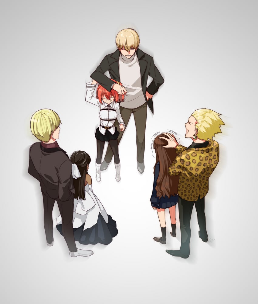 fujimaru ritsuka, gilgamesh, kishinami hakuno, and tine chelc (fate and 4 more) drawn by rkp