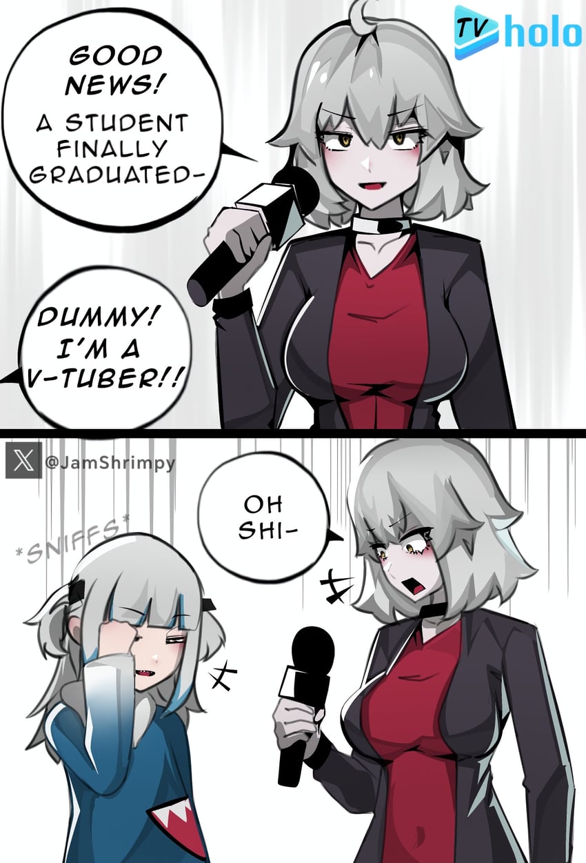 gawr gura and jeanne d'arc alter (fate and 3 more) drawn by jamshrimpy