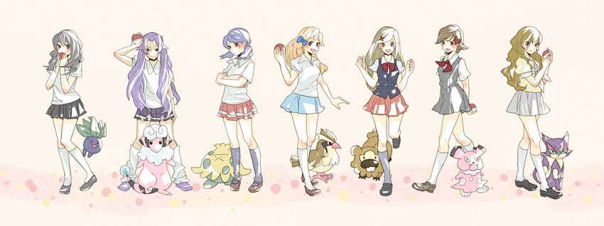 oddish, pidgey, lass, purrloin, bidoof, and 3 more (pokemon and 8 more) drawn by shimapu