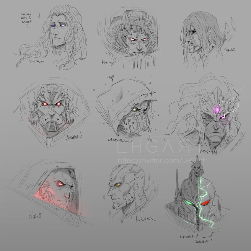 mortarion, horus lupercal, fulgrim, konrad curze, magnus the red, and 4 more (warhammer 40k) drawn by lhgart