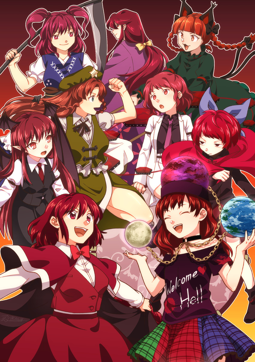 hong meiling, kaenbyou rin, koakuma, onozuka komachi, sekibanki, and 4 more (touhou) drawn by shikido_(khf)