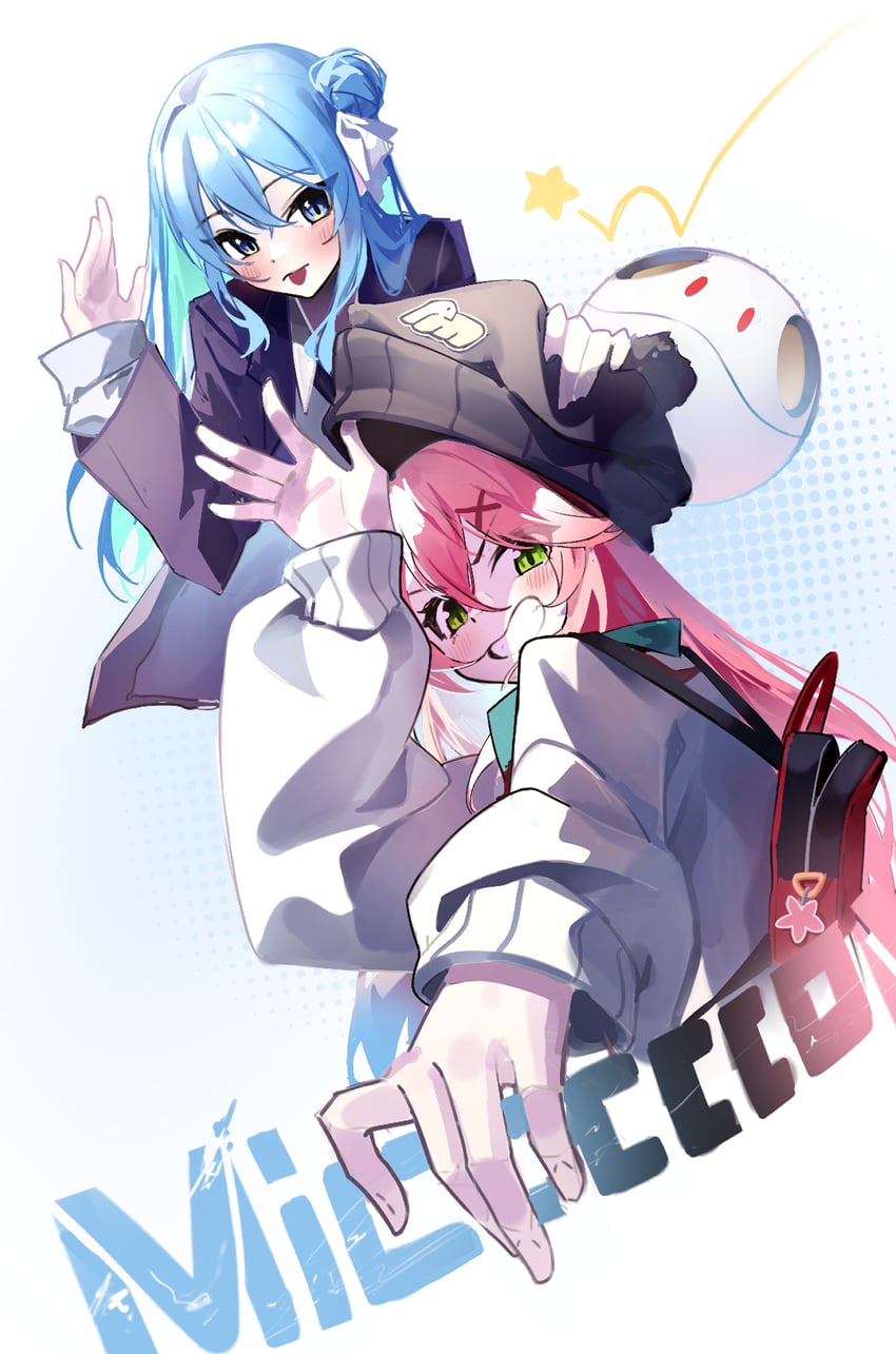 hoshimachi suisei, sakura miko, amate yuzuriha, haro, and nyaan (hololive and 2 more) drawn by future_cake