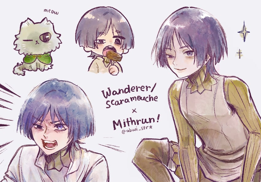 scaramouche, wanderer, and mithrun (genshin impact and 1 more) drawn by abwi_str