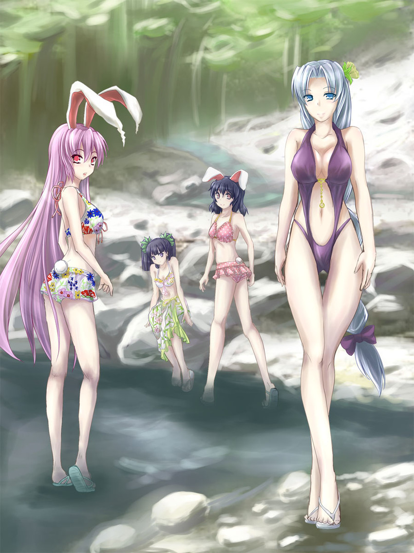 reisen udongein inaba, houraisan kaguya, inaba tewi, and yagokoro eirin (touhou) drawn by negamaro