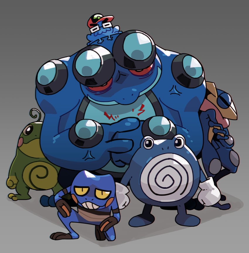 ash ketchum, greninja, croagunk, politoed, poliwhirl, and 1 more (original and 2 more) drawn by cpt_hamburger