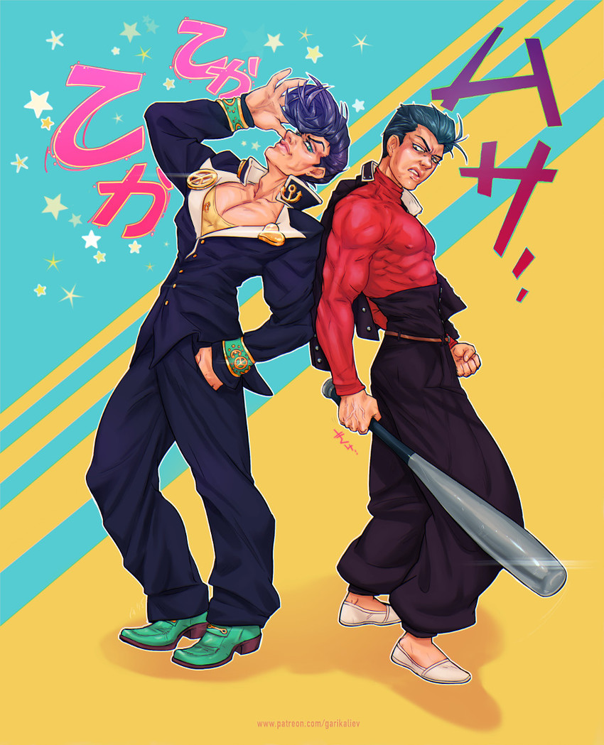 higashikata josuke, kinzoku bat, and hatano wataru (jojo no kimyou na bouken and 2 more) drawn by garikaliev