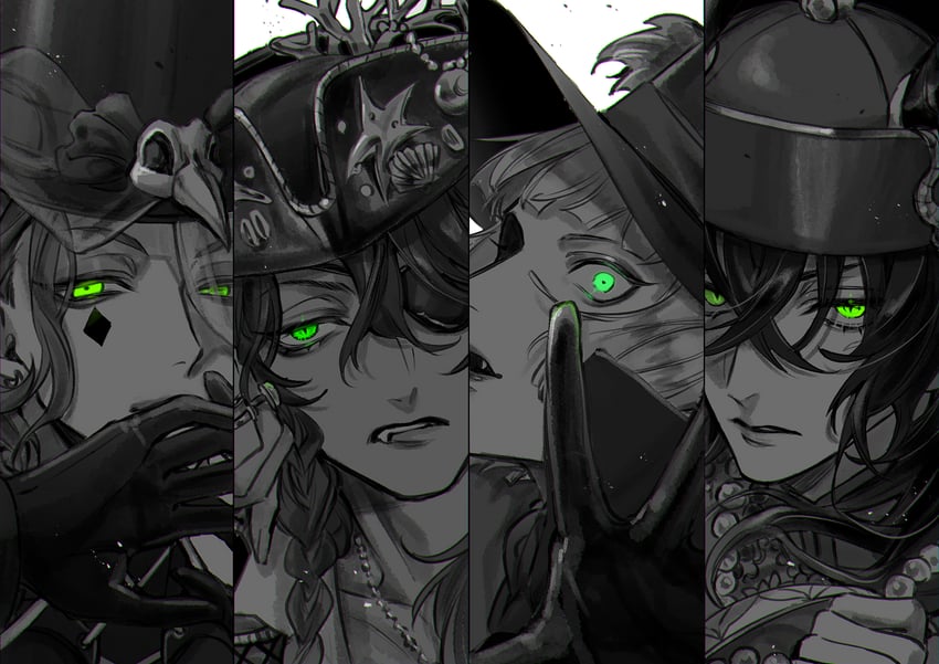 leona kingscholar, malleus draconia, rook hunt, and cater diamond (twisted wonderland) drawn by redrabbit44