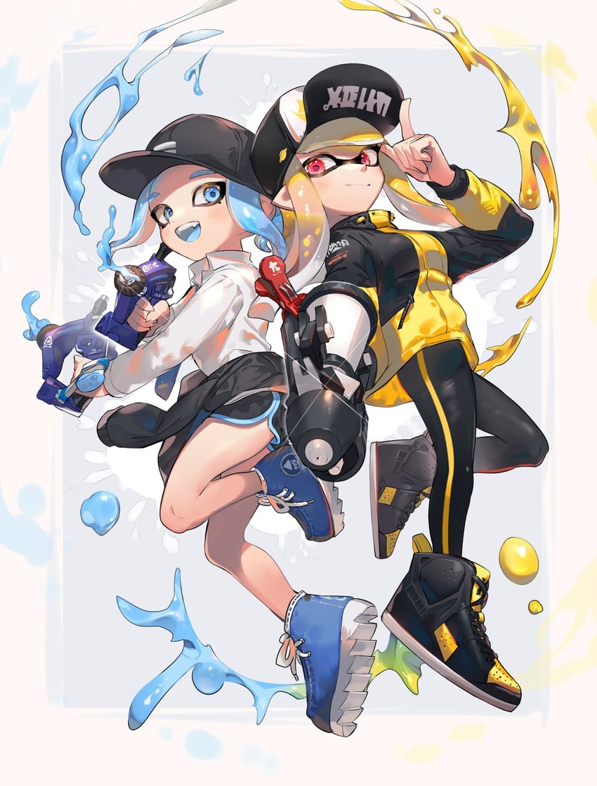 inkling player character, inkling girl, octoling player character, and octoling girl (splatoon) drawn by jinkoika