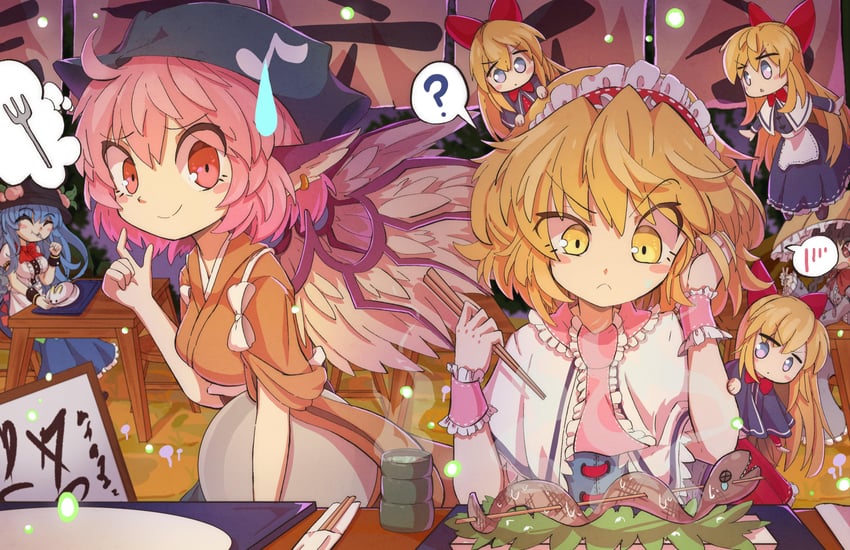 alice margatroid, hinanawi tenshi, mystia lorelei, shanghai doll, okamisty, and 1 more (touhou) drawn by the_land_druid