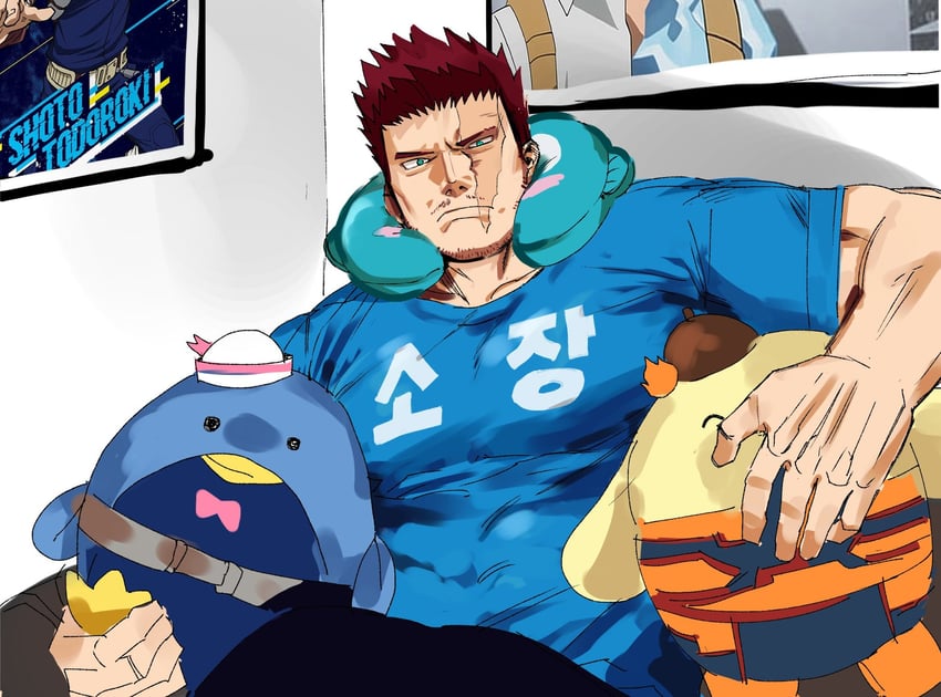 endeavor, todoroki shoto, pompompurin, tuxedo sam, and hangyodon (boku no hero academia and 1 more) drawn by boiled_heroes
