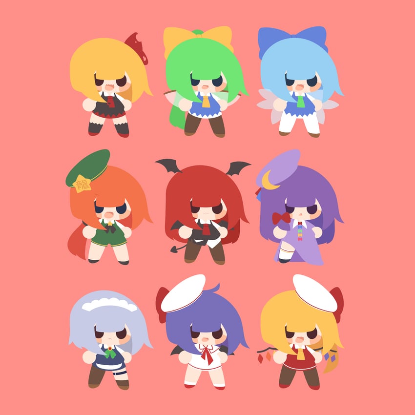 remilia scarlet, flandre scarlet, izayoi sakuya, cirno, patchouli knowledge, and 4 more (touhou and 1 more) drawn by baek_ban