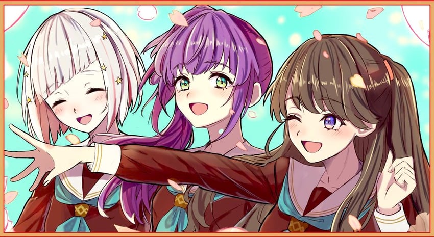 fujishima megumi, otomune kozue, and yugiri tsuzuri (love live! and 1 more) drawn by yugayugalegato