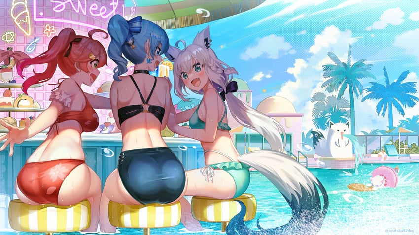 shirakami fubuki, hoshimachi suisei, sakura miko, 35p, and fubuzilla (hololive) drawn by ayataka