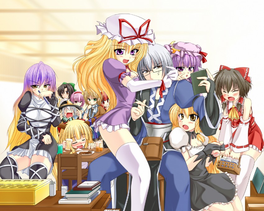 hakurei reimu, kirisame marisa, komeiji koishi, patchouli knowledge, yakumo yukari, and 7 more (touhou) drawn by kirihane