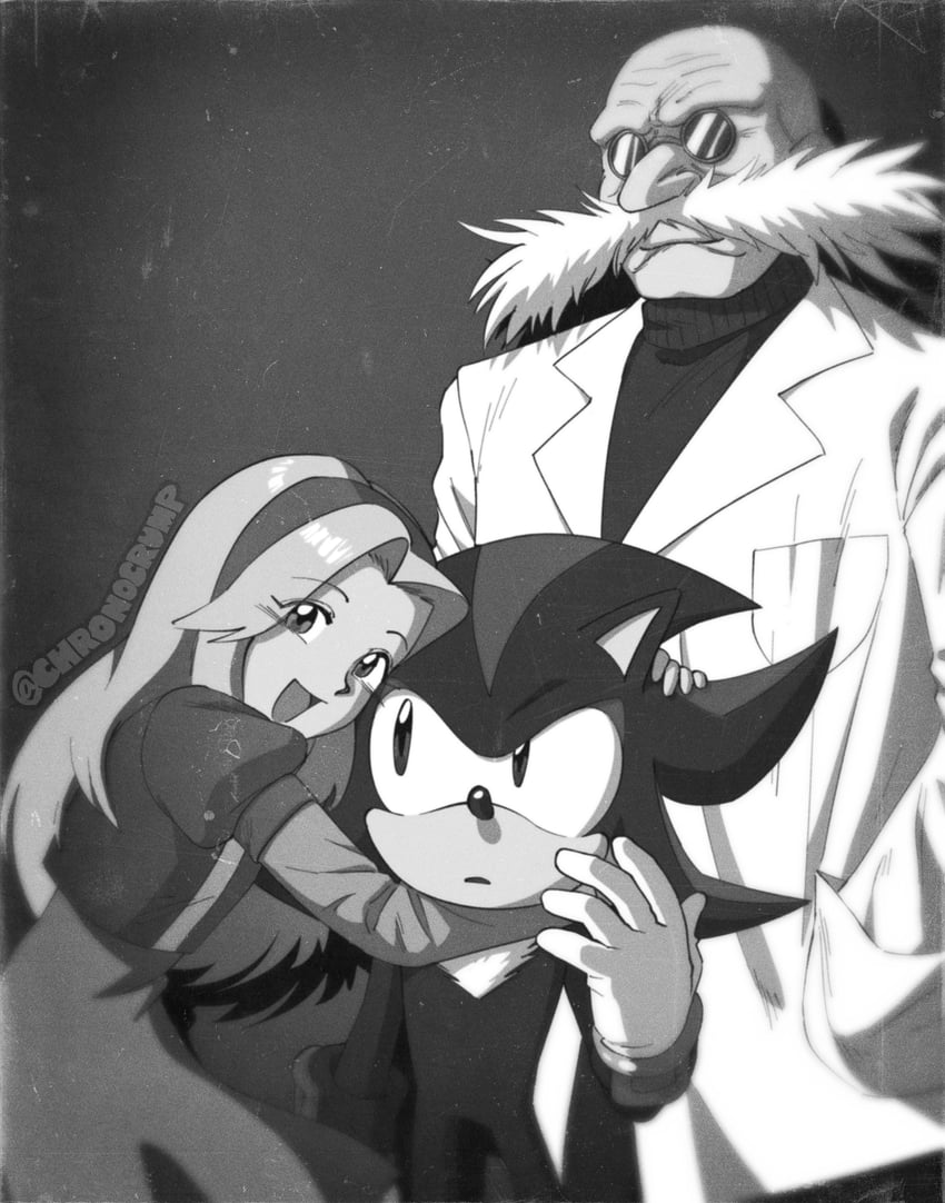shadow the hedgehog, maria robotnik, and gerald robotnik (sonic) drawn by chronocrump