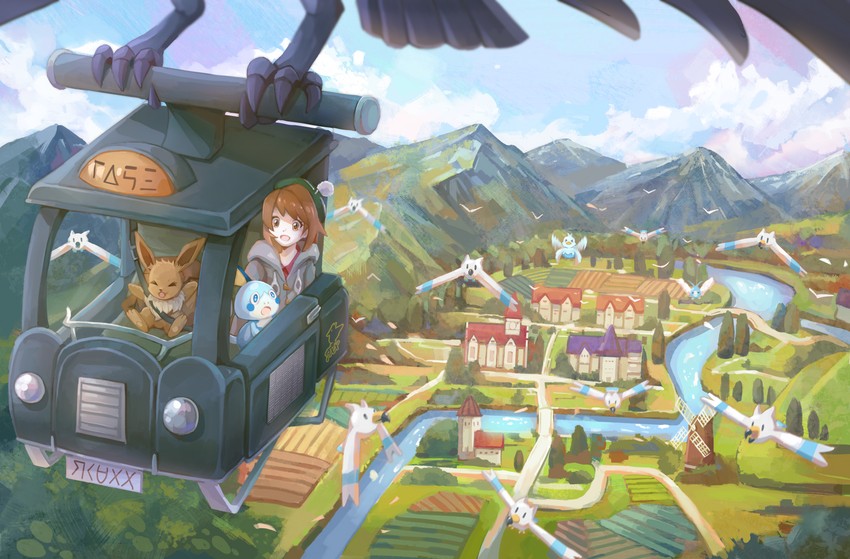 gloria, eevee, sobble, wingull, swablu, and 2 more (pokemon and 1 more) drawn by pugo