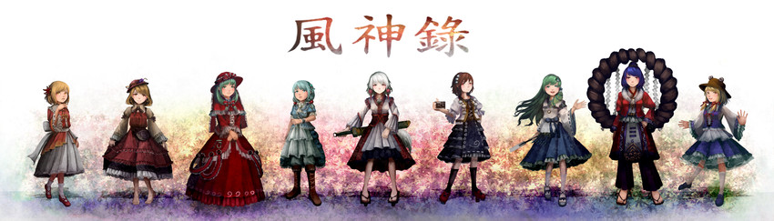 kochiya sanae, shameimaru aya, inubashiri momiji, moriya suwako, kawashiro nitori, and 4 more (touhou and 1 more) drawn by yuren