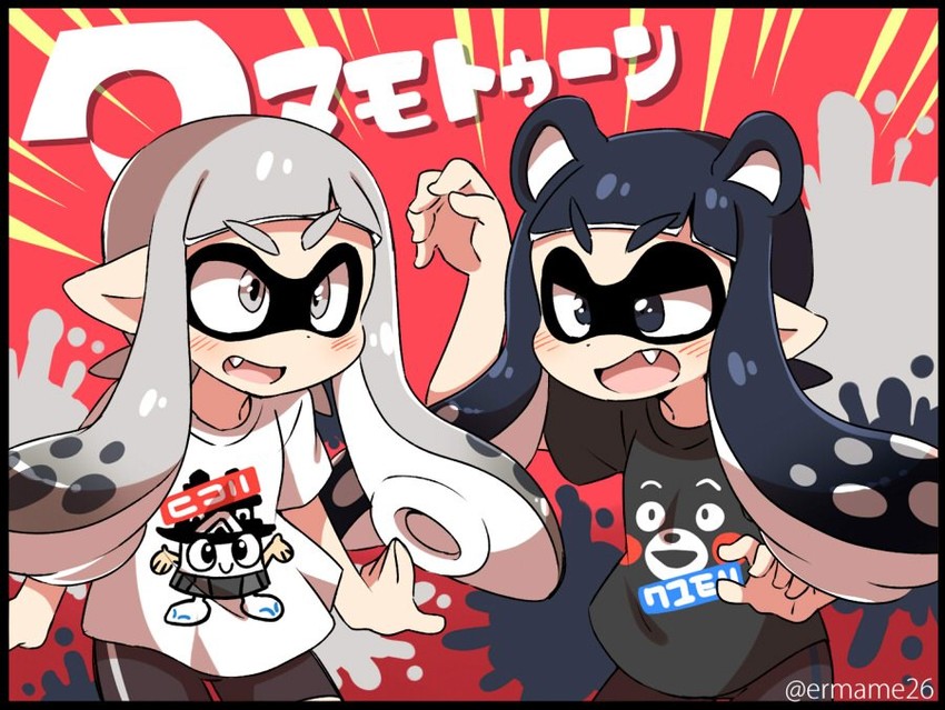 inkling player character, inkling girl, and kumamon (splatoon and 2 more) drawn by eromame