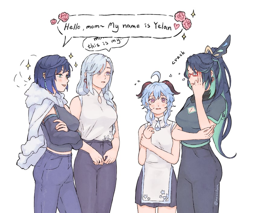 ganyu, shenhe, yelan, and xianyun (genshin impact) drawn by moccobea